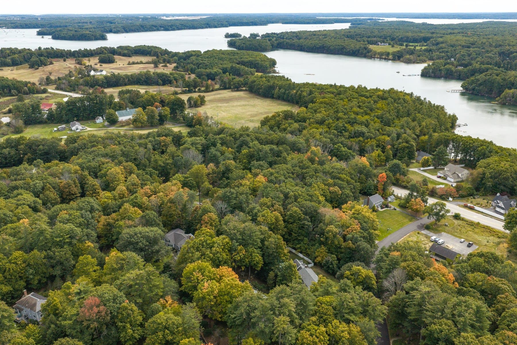 The woods and farm fields between the neighborhood and the bay, from the air